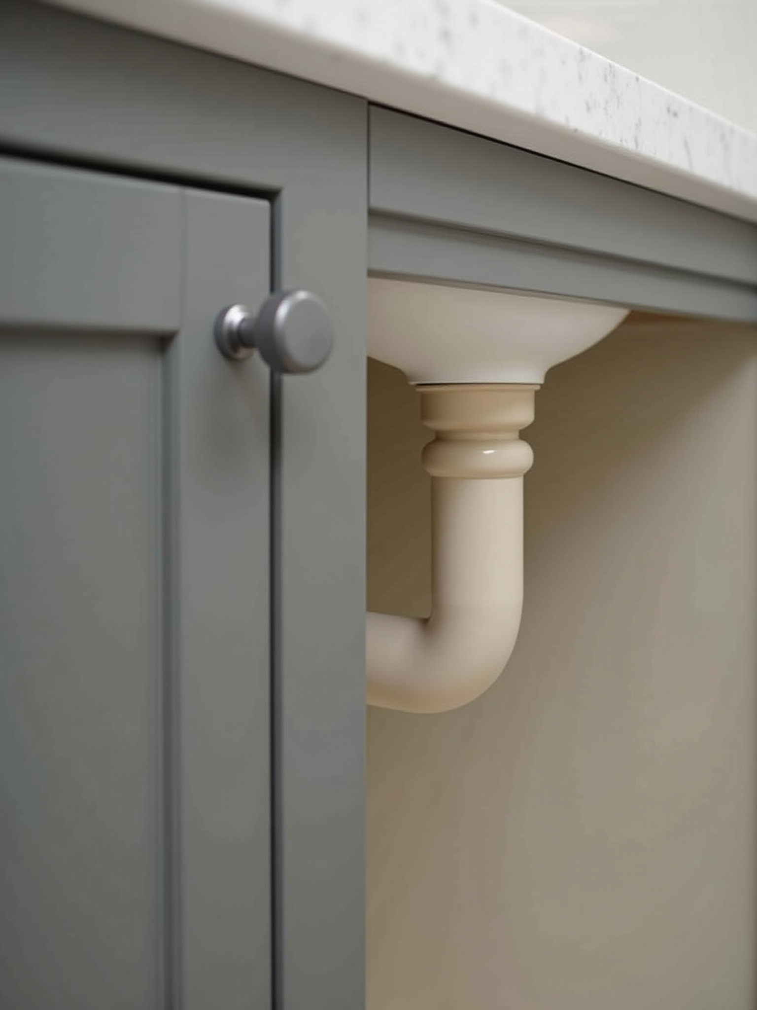 Gray cabinet, cream sink pipe, and silver knob