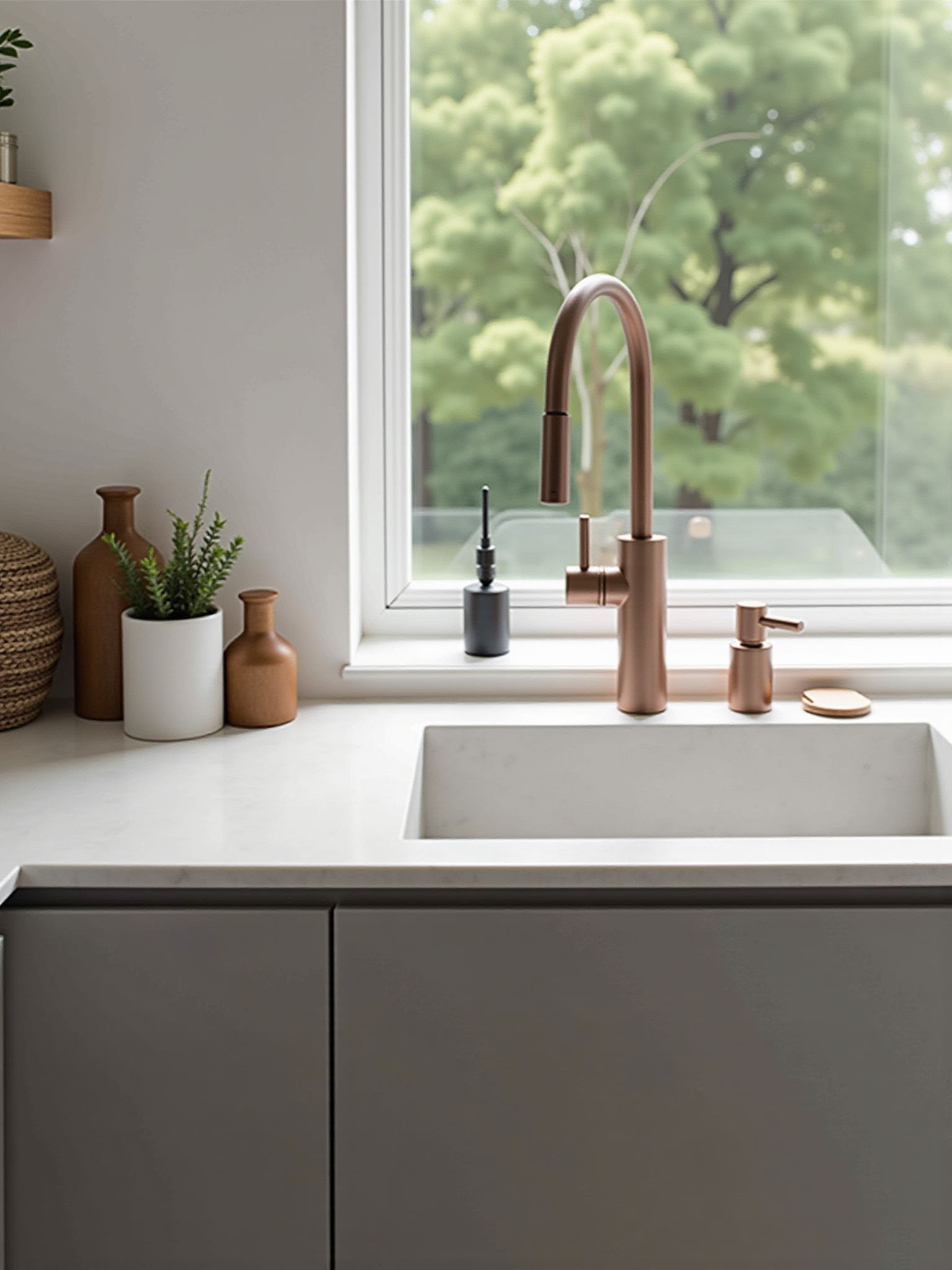 Modern kitchen sink with rose gold faucet