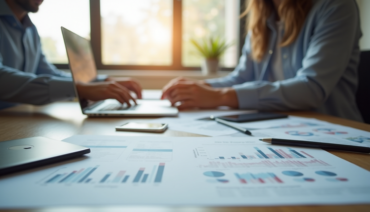 Eye-level view of a modern family office workspace with financial documents and a laptop