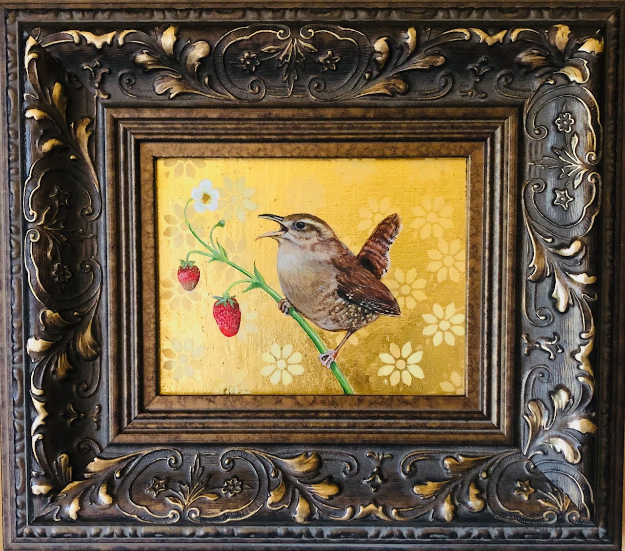 Wren and Strawberries on Gold Leaf