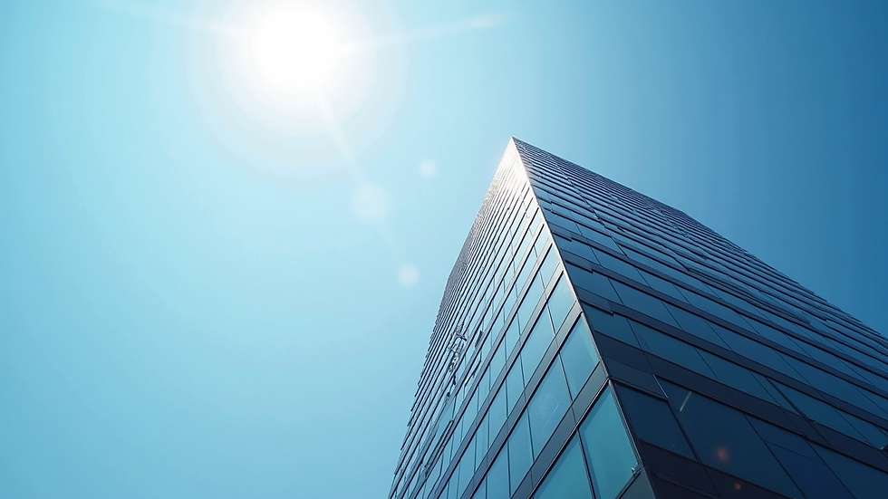 Eye-level view of a modern office building with clear blue sky
