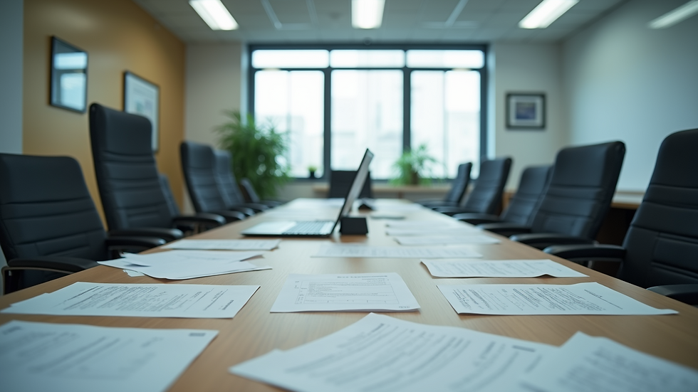 High angle view of a modern office space with paperwork scattered around