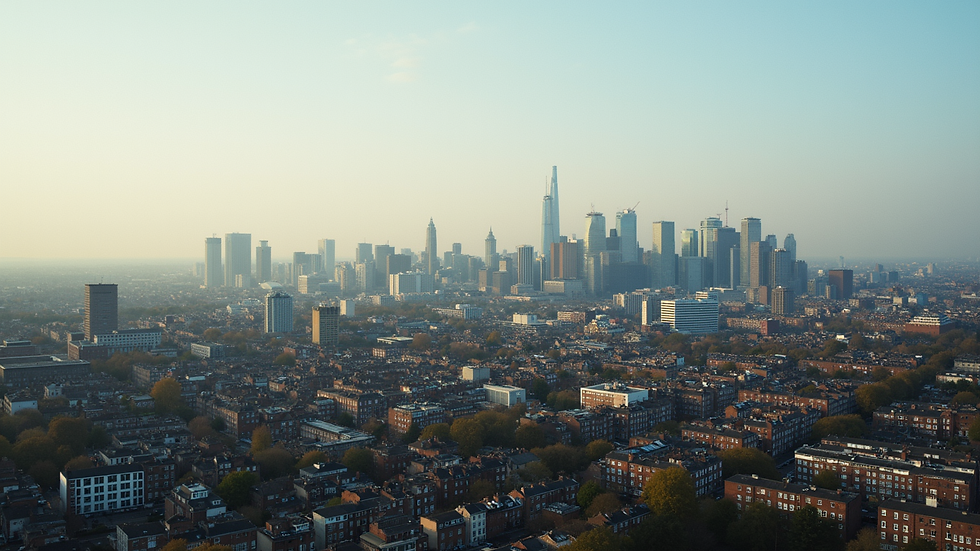 High angle view of a UK city skyline with mixed residential and commercial buildings