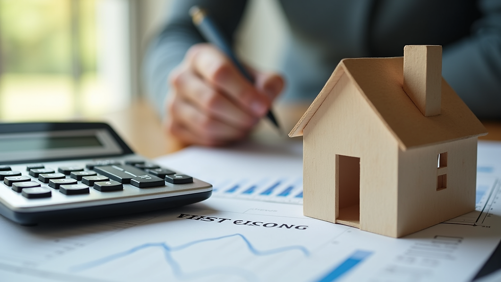 Close-up view of a UK property investment calculator and house model on a desk