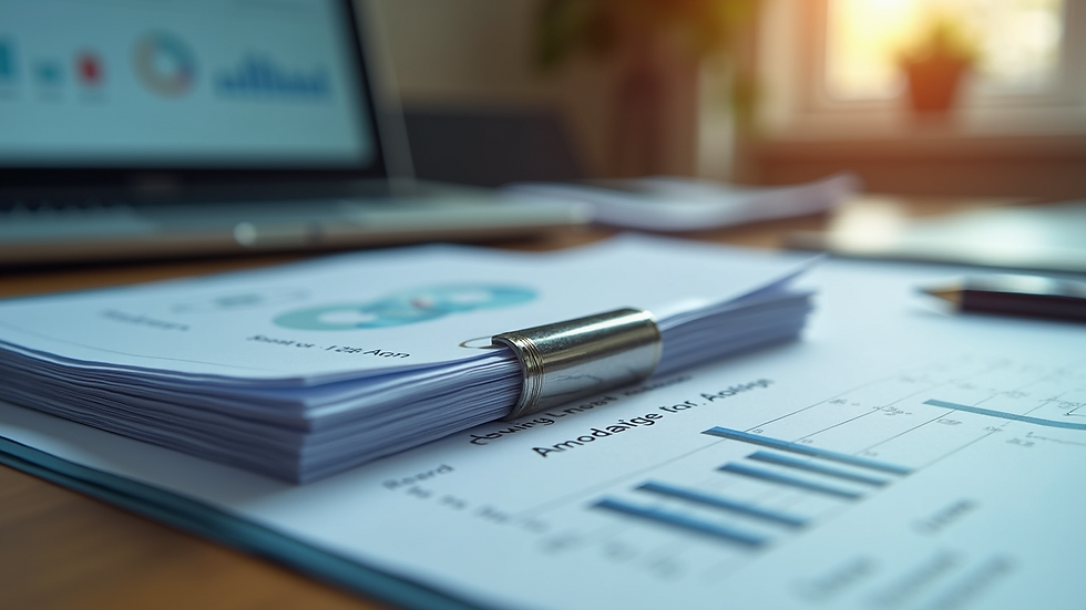Close-up view of financial statements stacked on a desk