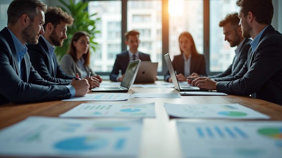 Eye-level view of a business meeting with charts and laptops on the table
