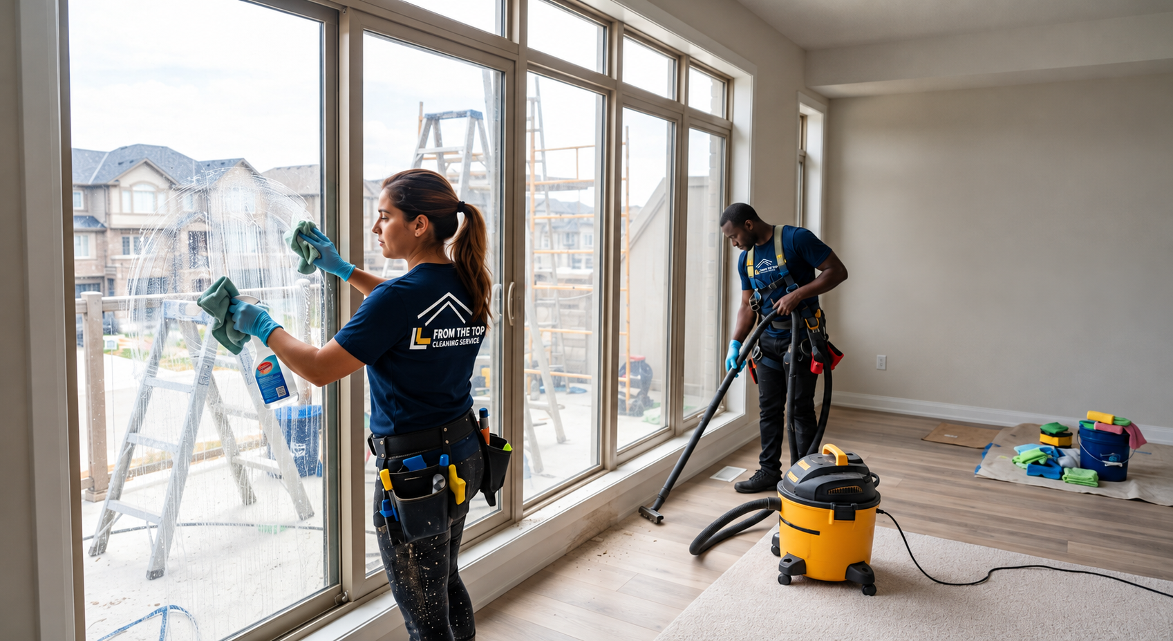 From The Top branded post-construction cleaners working on windows and floors