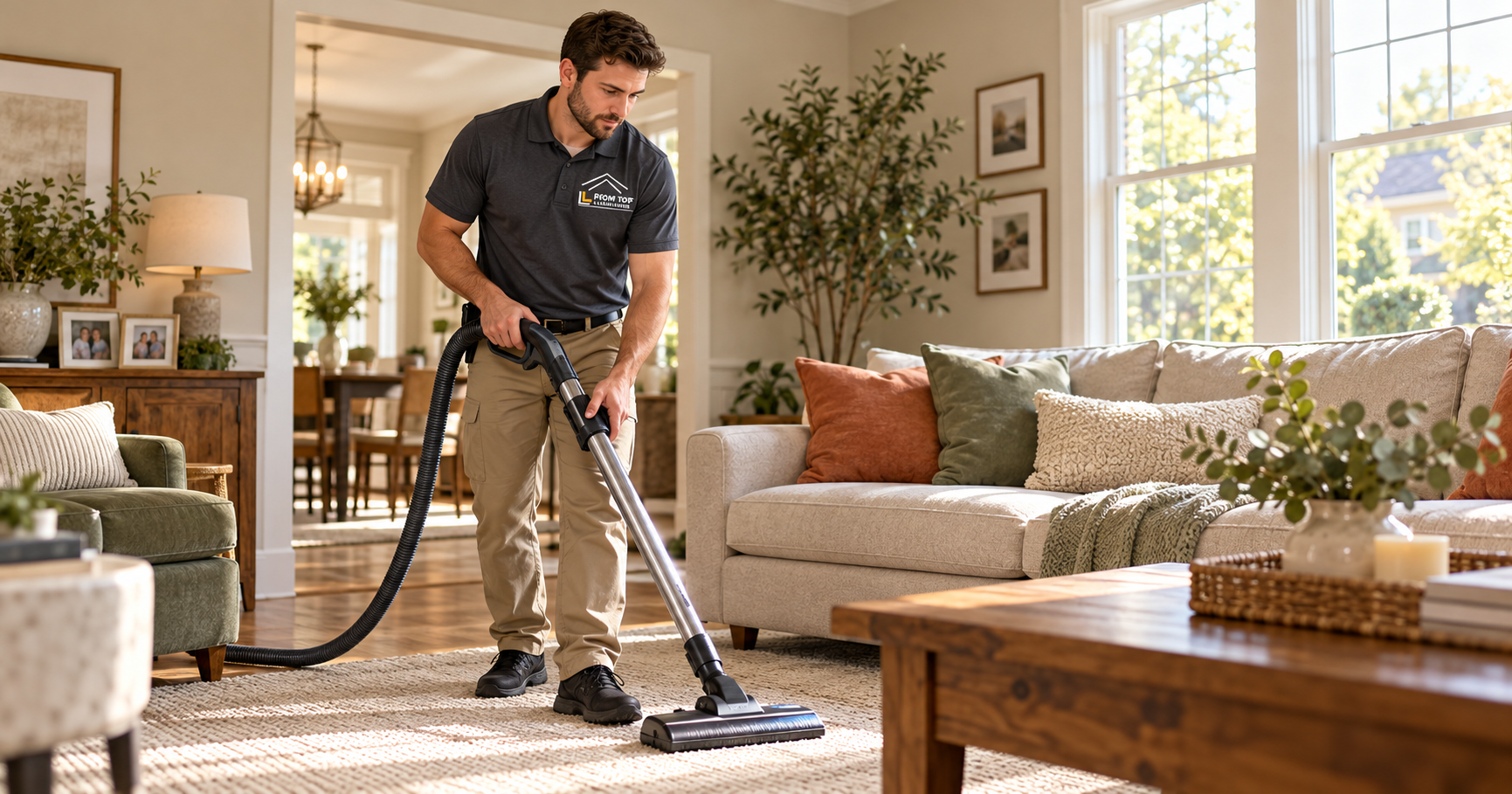 Branded residential cleaning illustration showing living-room rug vacuuming