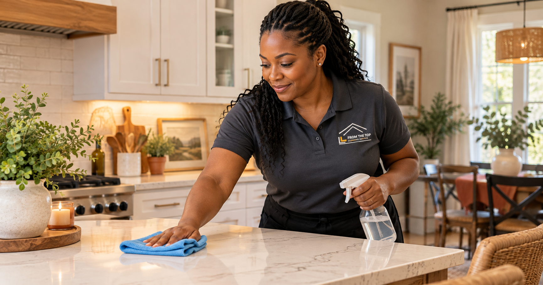 Branded residential cleaning illustration showing a kitchen island being wiped