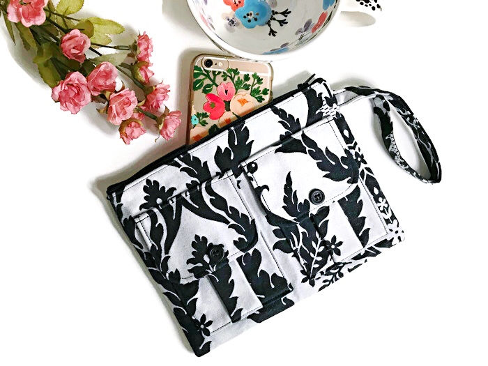 iPhone Wristlet - Black and Gray Damask Print