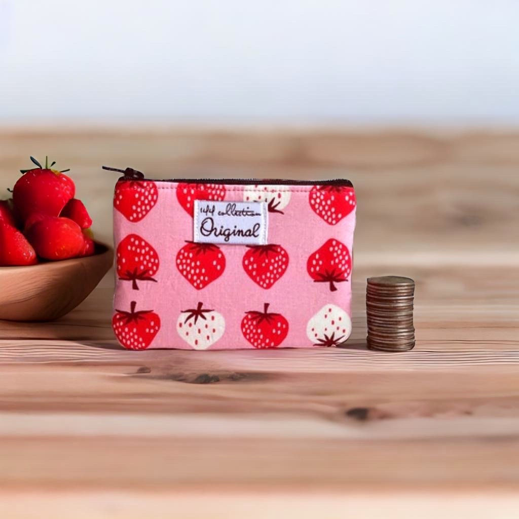 cute pink coin purse with soft pastel strawberry design