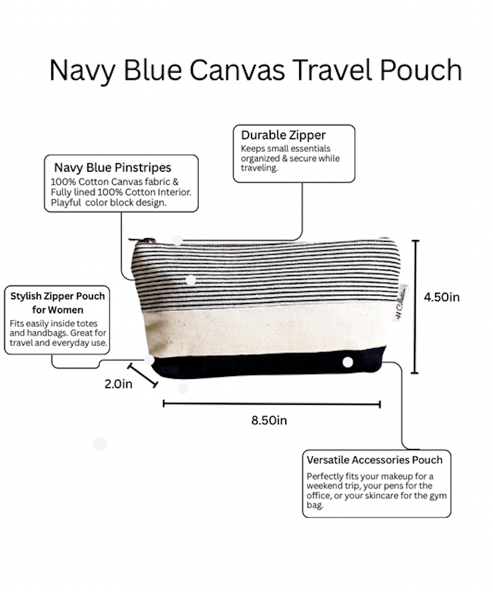 Thumbnail: navy blue pinstripe canvas zip pouch size dimensions