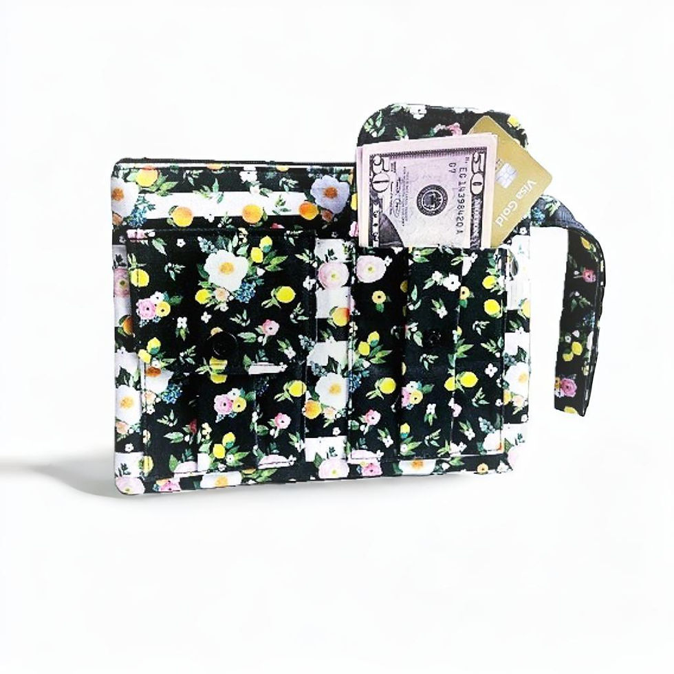 summer wristlet - floral-patterned with a handle, holding a Visa card and a $50 bill