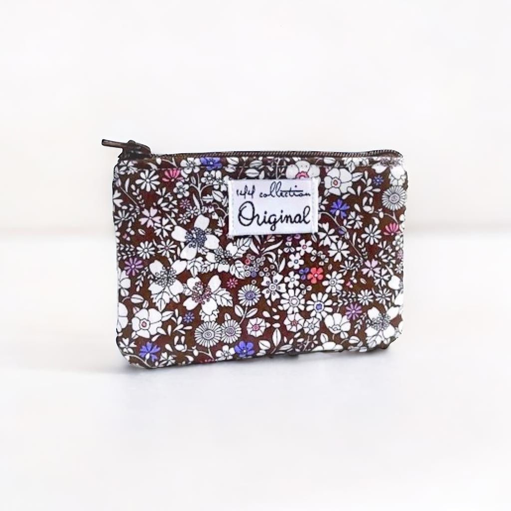 brown floral coin purse wallet with zipper closure