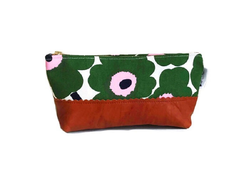 Floral Makeup Bag - Green and Pink with Leather Accent