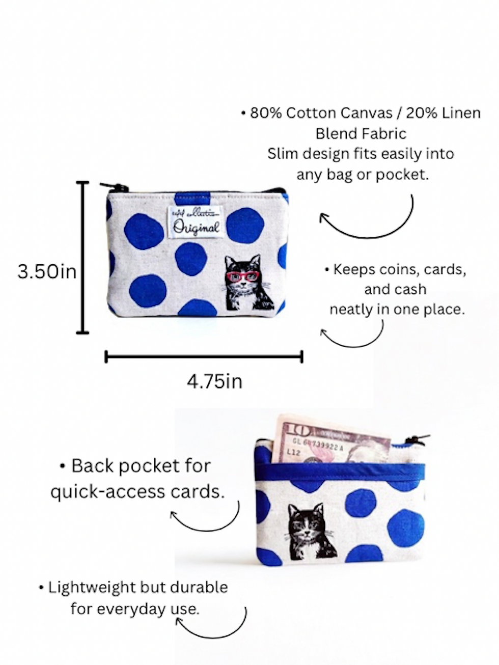 Thumbnail: coin purse dimensions blue polka dot cat print with red glasses