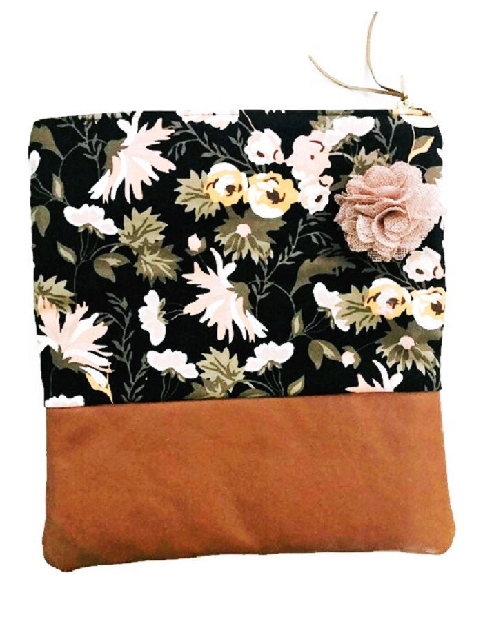 Thumbnail: Handmade Clutch - Black Floral Print Foldover Leather Clutch Purse