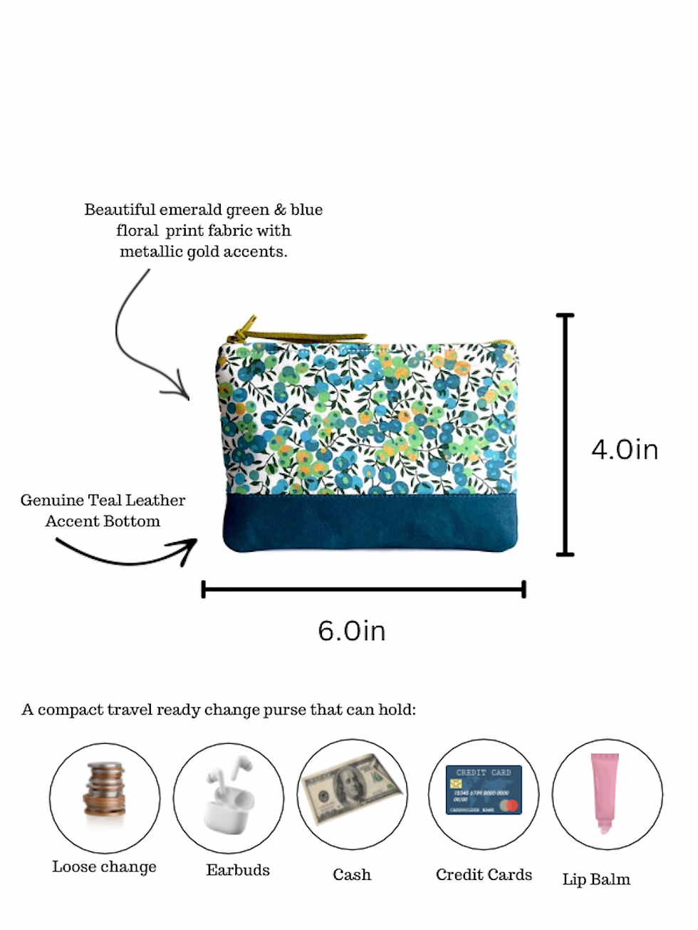 Thumbnail: emerald green floral zip wallet for women dimensions on white background with a teal genuine leather accent bottom