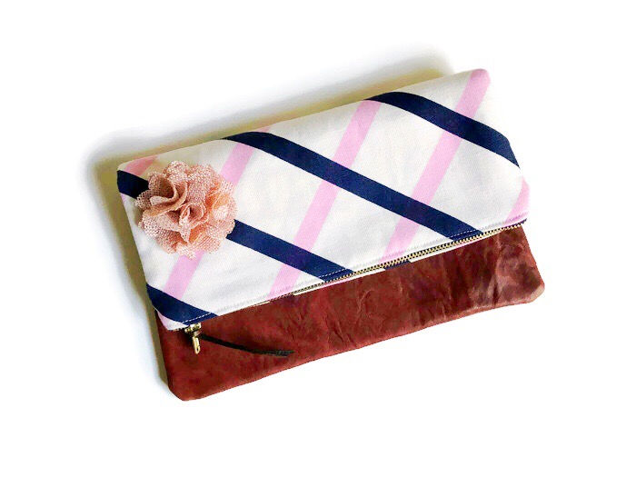 Foldover Clutch Bag - blue and pink print