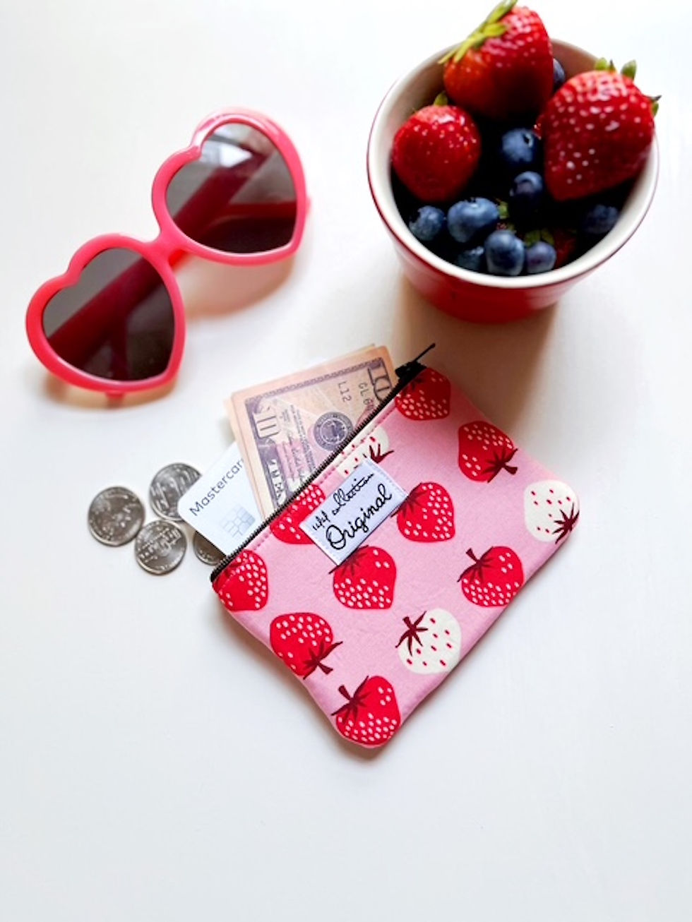 Thumbnail: strawberry print wallet pink with sunglasses and fruit