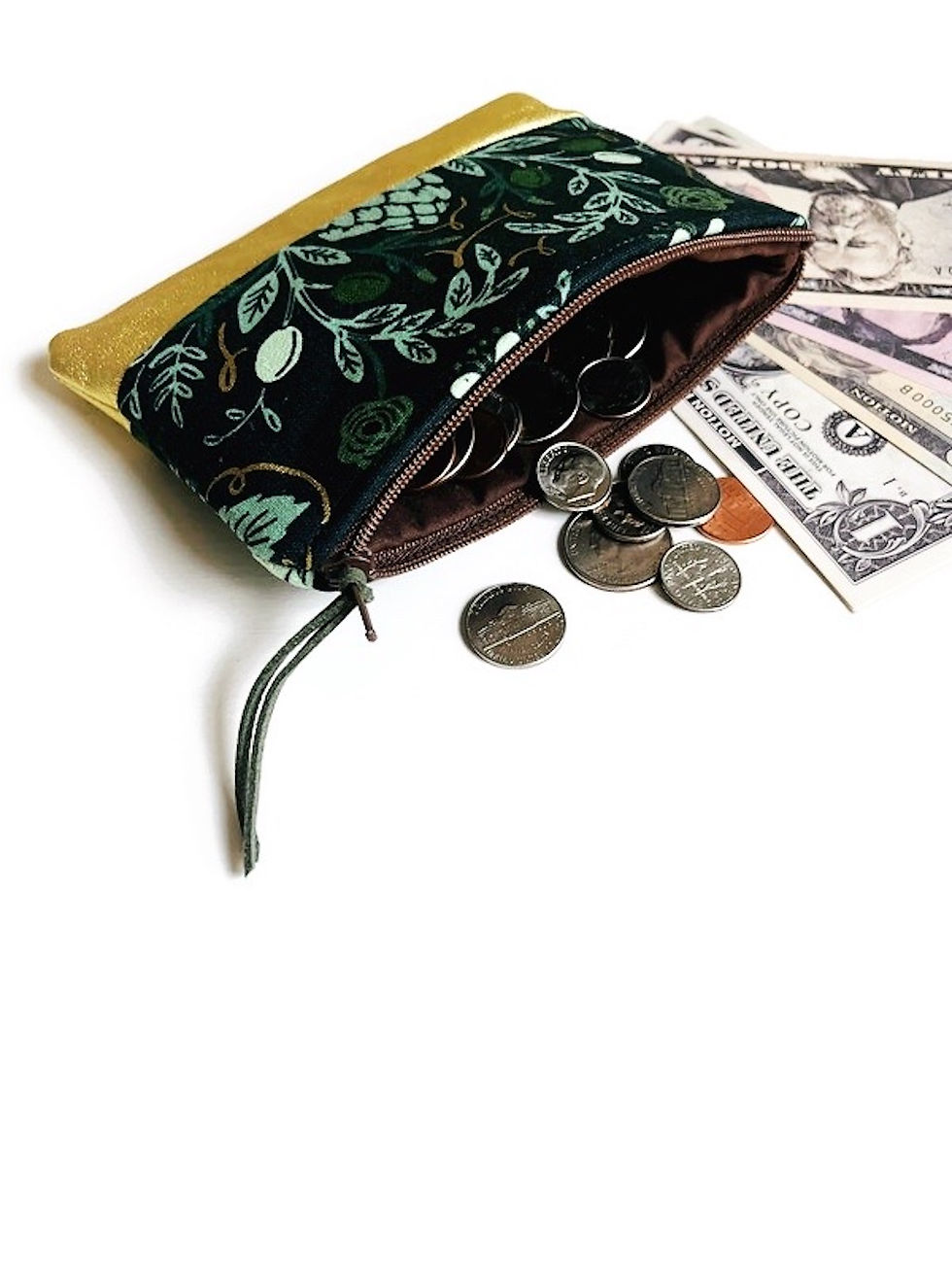 Thumbnail: card holder and coin purse dark green floral pattern with gold leather bottom