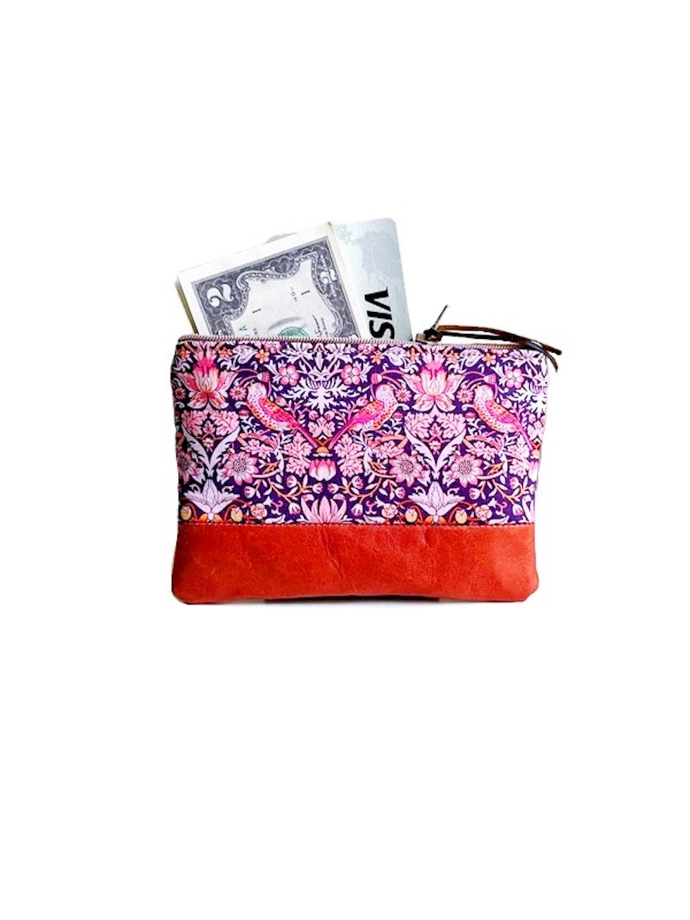 vintage bird and flower print small zipper pouch