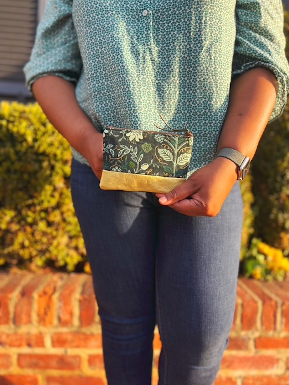 women’s dark green floral zip coin purse with genuine gold leather accent bottom