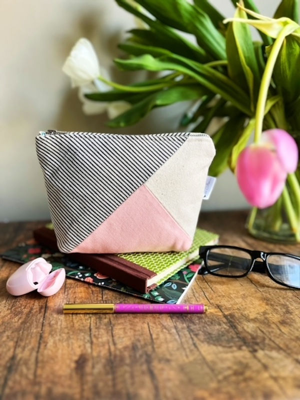 canvas pouches - color block pink and natural, pinstripe blue