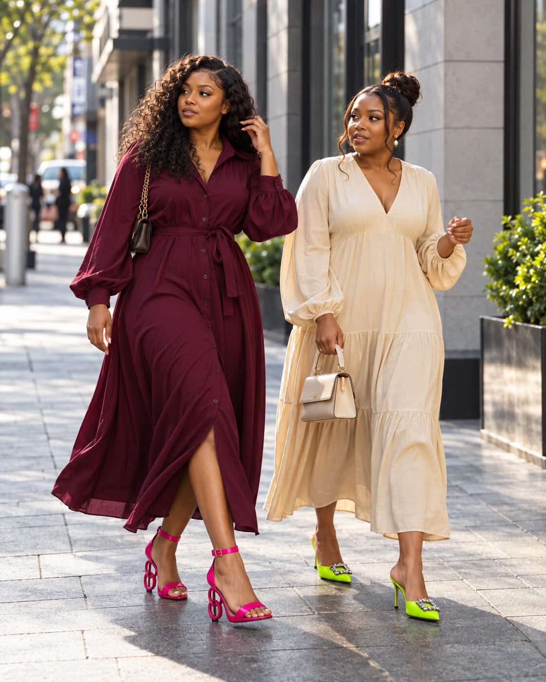 Two women walking outdoors wearing statement designer heels from MSA Shoes
