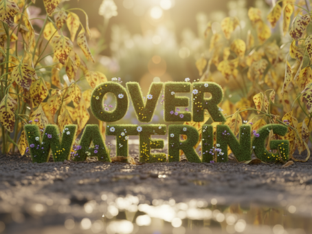 A breathtaking photographic image features the words 'OVER WATERING' rendered as crisp, highly legible lawn-textured typography. The letters are lush green, subtly adorned with tiny, delicate Western Australian wildflowers (purple, white, and yellow blooms). The typography is perfectly centered and in razor-sharp focus, contrasting with an extremely shallow depth of field that creates a spectacular, creamy bokeh in the foreground and background. The setting is a waterlogged, sick-looking garden where the diverse native flora is wilted, yellowing, or drooping from root rot, visually representing the negative effects of overwatering. Golden hour sunlight pours from behind the text, creating a beautiful rim-light on the letters and producing soft sun flares and glowing circular bokeh lights in the blurred distance. The overall aesthetic is a striking, yet somber, visual contradiction that immediately draws the eye to the central message of 'OVER WATERING'.
