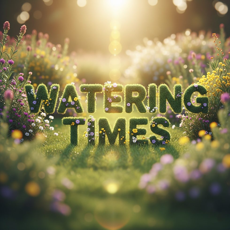An extremely sharp, breathtaking photograph of the words 'Watering Times' rendered as highly legible, lawn-textured typography. The green letters are subtly decorated with tiny Western Australian wildflowers (purple, white, and yellow blooms). The text is centered prominently in a vibrant, waterwise native garden setting. Golden hour sunlight from behind creates a glowing rim-light and a spectacular, creamy bokeh effect with soft sun flares, emphasizing the typography as the centerpiece of sustainable landscaping.