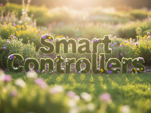 The image displays the words 'Smart Controllers' rendered as crisp, highly legible lawn-textured typography, positioned perfectly in the center of the frame. The green letters are subtly adorned with tiny Western Australian wildflowers (including small purple daisies, white everlasting flowers, and yellow blooms).