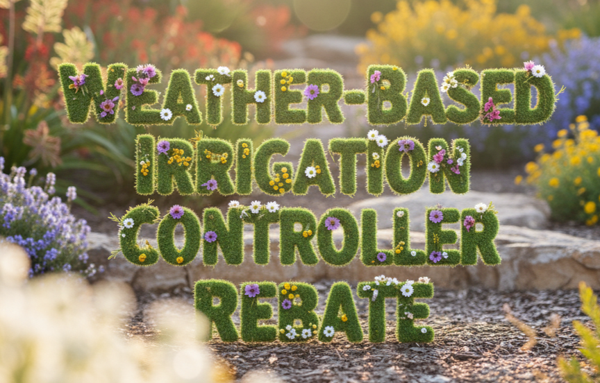 A breathtaking, backlit photograph of the words 'WEATHER-BASED IRRIGATION CONTROLLER REBATE' rendered in crisp, highly legible typography textured like lush green lawn. The letters are subtly adorned with tiny, minimal Western Australian wildflowers (small purple, white, and yellow blooms). The text is in sharp focus, standing on mulch in a xeriscape garden path during golden hour. The background is an intensely blurred, vibrant, waterwise landscape of native Australian flora (like Kangaroo Paws and Grevilleas), appearing as soft, glowing swaths of color (creamy bokeh) with bright sun flares, celebrating water efficiency.