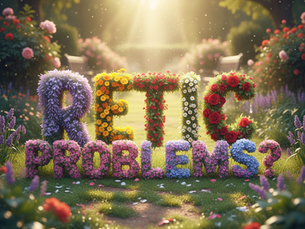 Decorative image showing the words RETIC PROBLEMS? spelled out in colorful flowers in a lush garden setting.