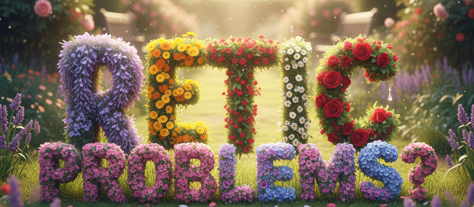 Decorative image showing the words RETIC PROBLEMS? spelled out in colorful flowers in a lush garden setting.