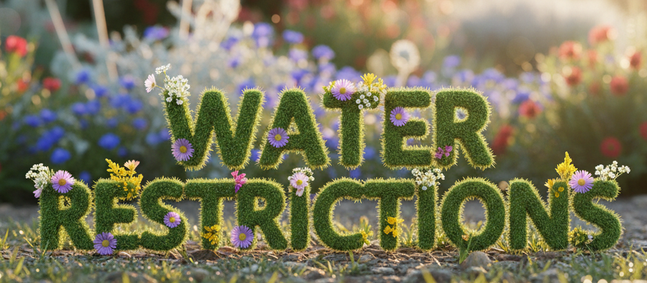 The words 'WATER RESTRICTIONS' rendered in crisp, green, lawn-textured typography and subtly decorated with small Western Australian wildflowers, centered in a waterwise native garden under golden hour light.