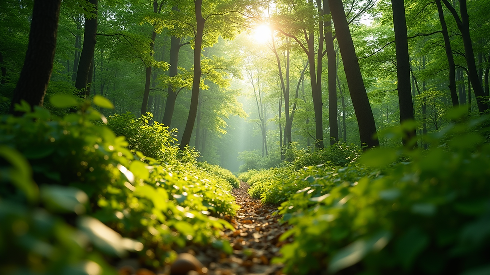 Eye-level view of a lush green forest with sunlight filtering through the leaves