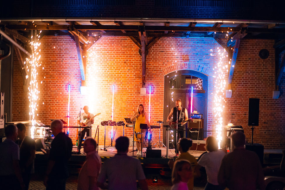 Liveband auf Bühne vor Backsteinwand, Sängerin und Gitarristen, Funkenfontänen, Publikum im Vordergrund.