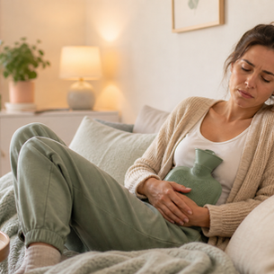 Woman curled up on sofa holding belly