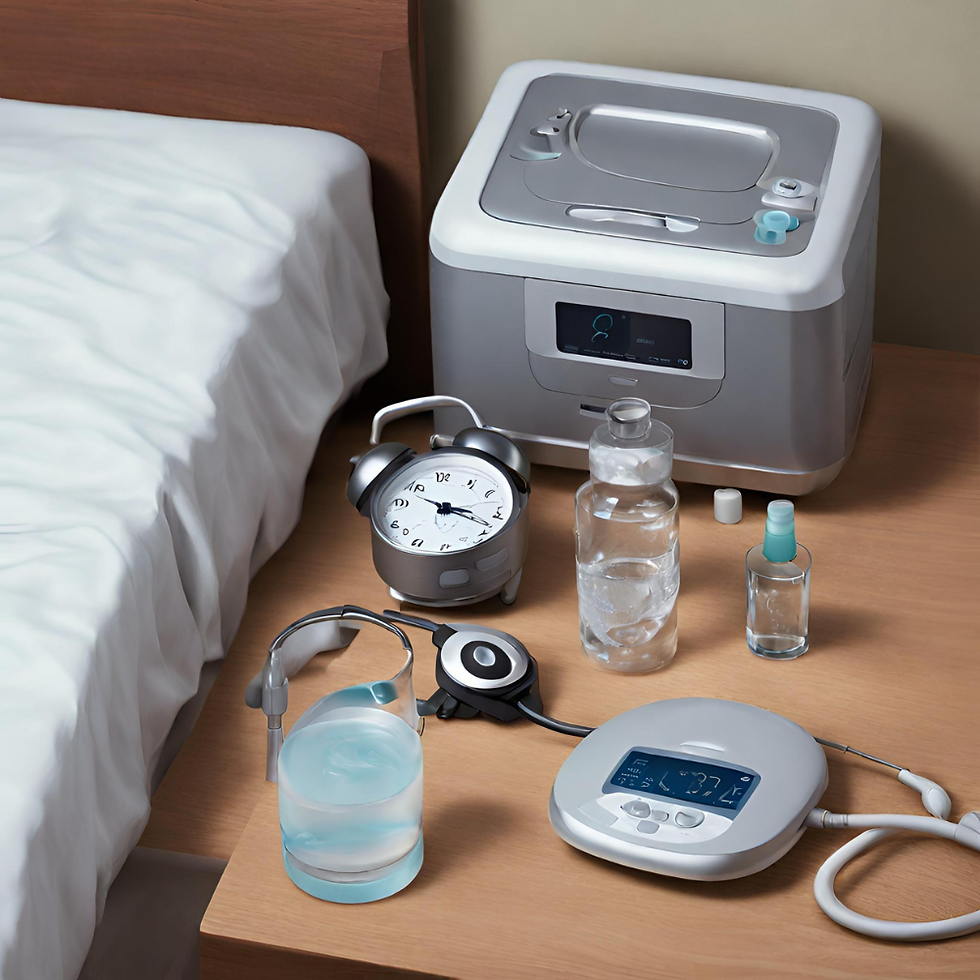 A photo or illustration of a nightstand with different objects: a CPAP machine, a bottle of melatonin, a glass of water, and perhaps an alarm clock showing a nighttime time, reflecting the various treatments and interventions for the disorders some sleep