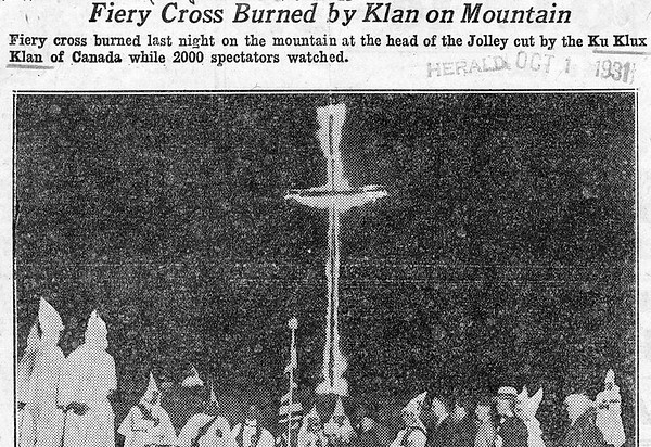 Incidents of Anti-Blackness - The Ku Klux Klan burn a cross at the top of Hamilton Mountai