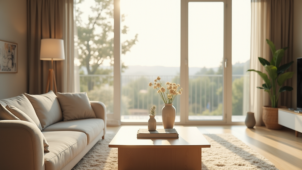 Eye-level view of a bright living room with neutral décor and natural light