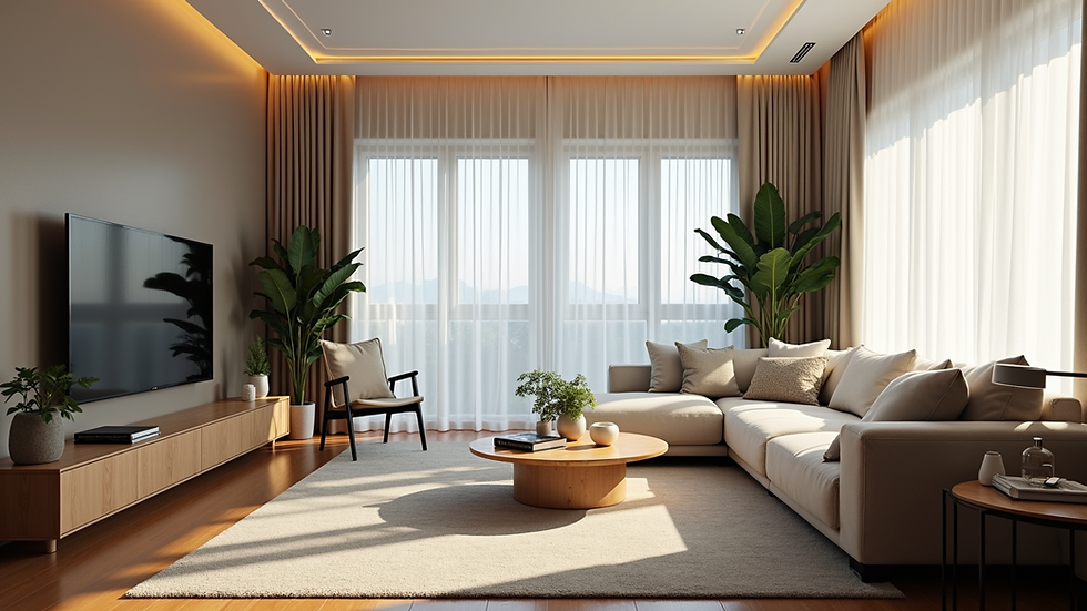 Eye-level view of a modern living room with natural light