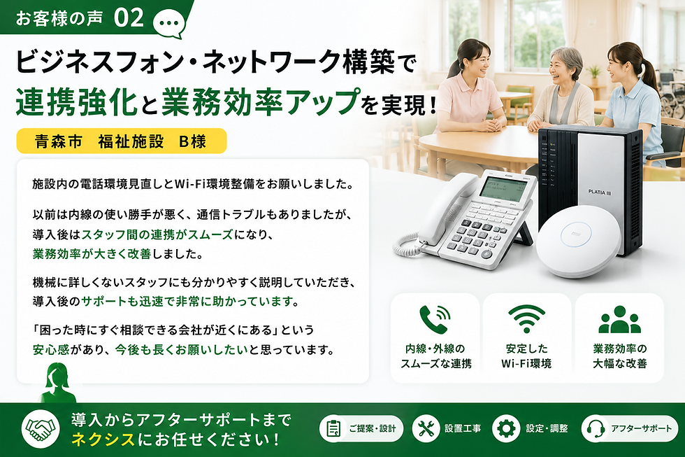 ビジネスフォンとWi-Fi環境整備により、施設内の業務効率改善を実現した福祉施設の導入事例アイキャッチ画像