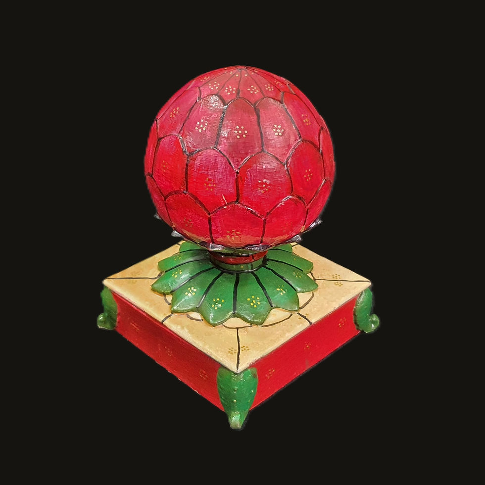 Hand-painted replica of a camel bone lotus finial artifact from Mehrangarh Fort featuring a red textured bulb atop a green leaf collar and square plinth base.