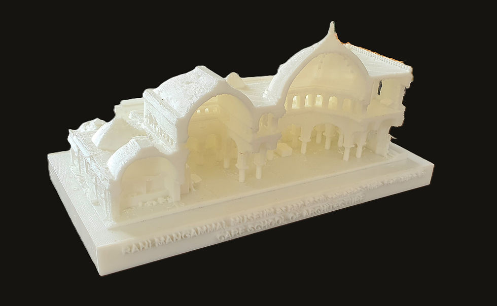 Monochrome white 3D printed architectural models of Rani Mangammal Mahal—one showing a complete multi-part assembly with exposed interior arcades and another showing a gift section model on an inscribed base.
