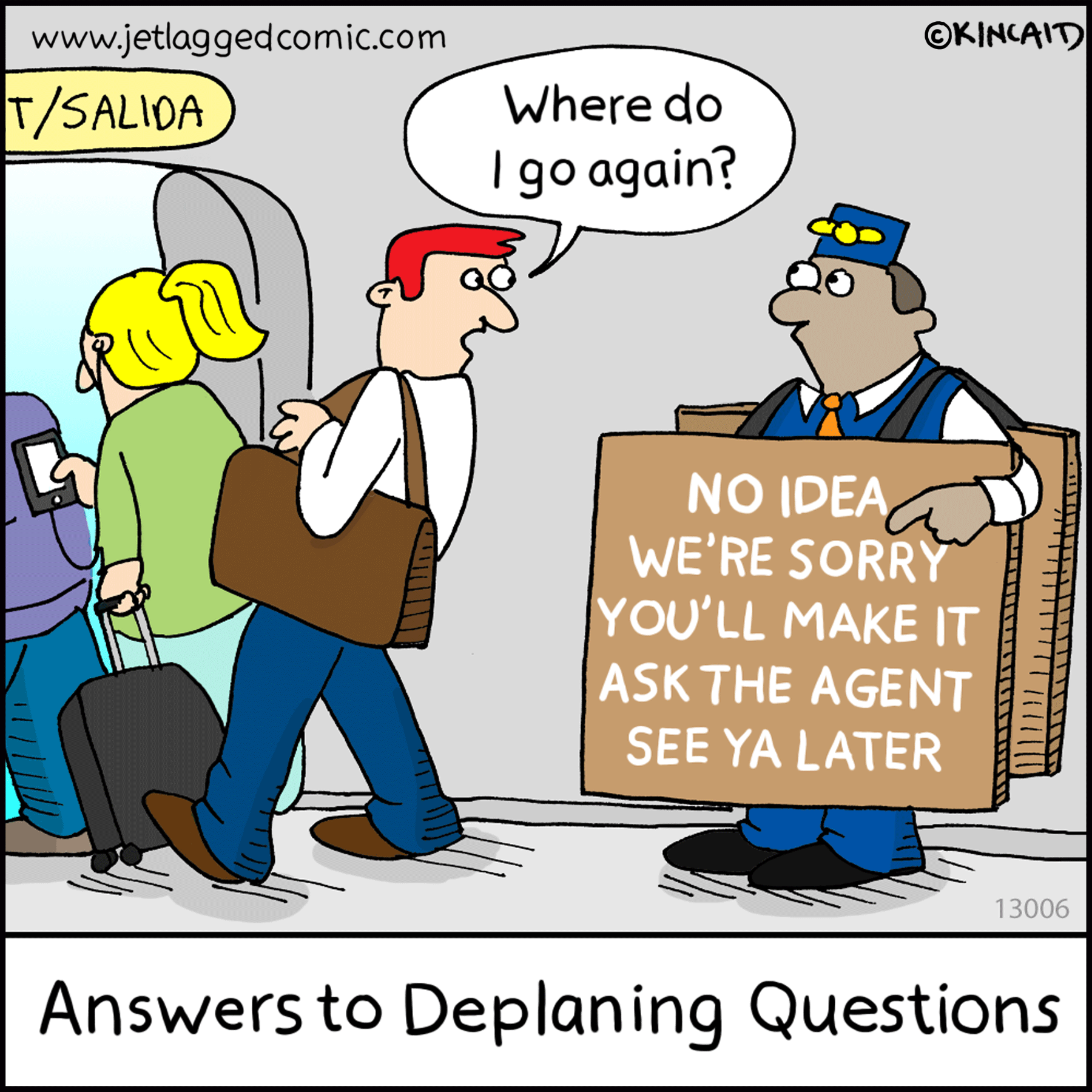 A flight attendant wears an Answer Sign to common deplaning questions.