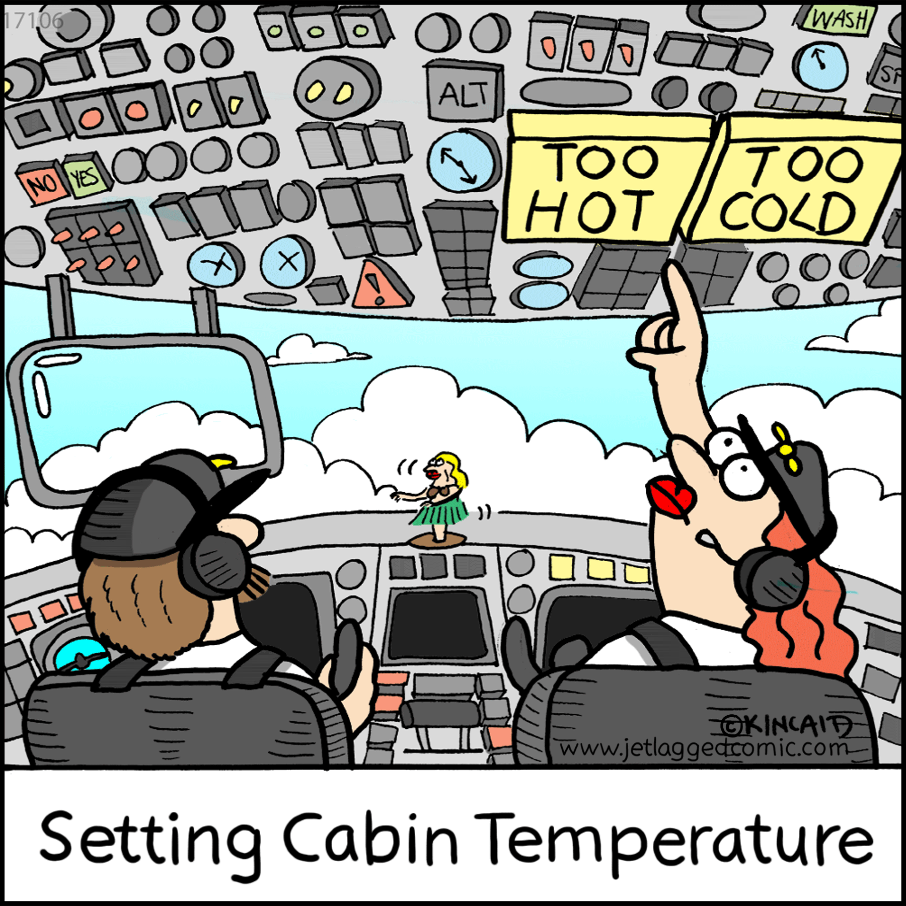 Pilots in the cockpit are setting the cabin temperature to "too hot."