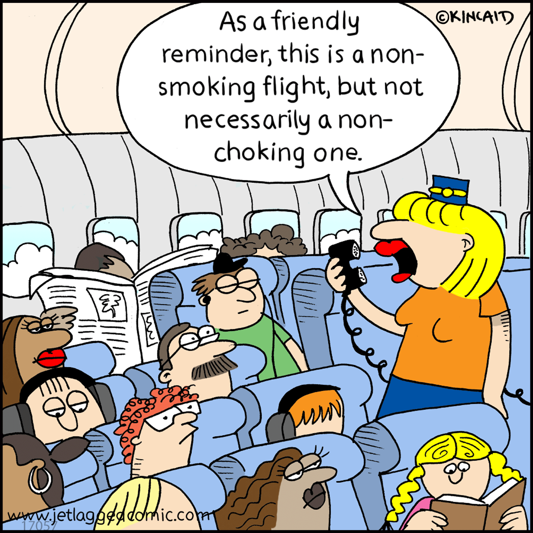 Bev the flight attendant makes a PA to passengers about how it's a non-smoking flight.