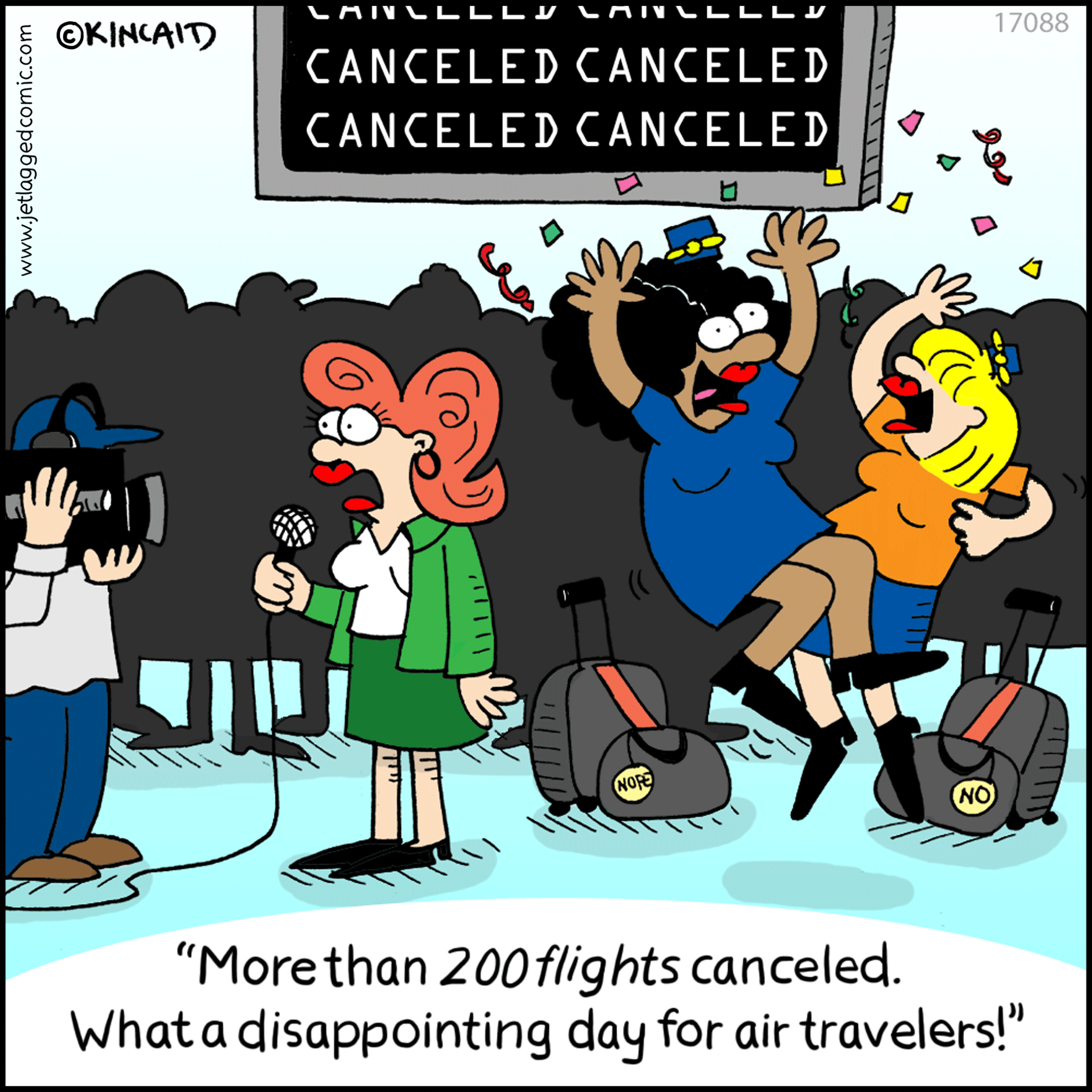 One flight attendant pushes another out of the emergency exit.